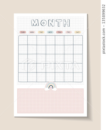 A4 vertical blank bullet journal calendar template with cute hand-drawn rainbow illustrations. Suitable for notebooks, to-do lists, and memos. 135899632