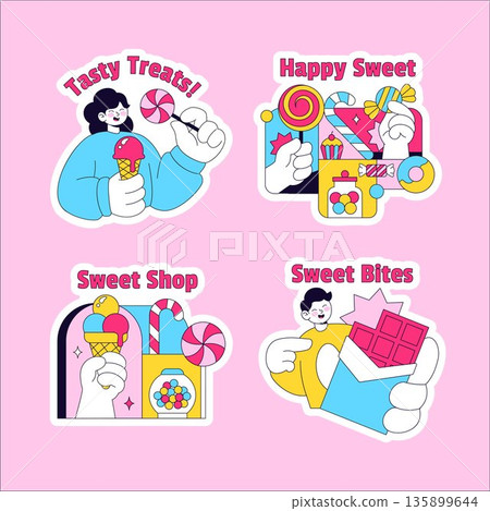 Sweet Shop Flat Cartoon Hand Drawn Label Illustration with Cute Background 135899644