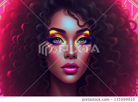 Vibrant portrait of a woman with colorful makeup and curly hair 135899910