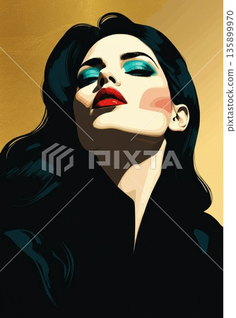 Elegant woman with bold makeup and striking features against a golden background 135899970
