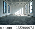 Empty Industrial Loft Interior with Raw Concrete Floor and Large Windows. Bright Natural Sunlight and Shadows on the Wall, Modern Architecture Construction and Renovation Concept. 135900078