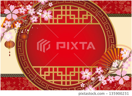 中式相框裝飾 春櫻花背景 135900231