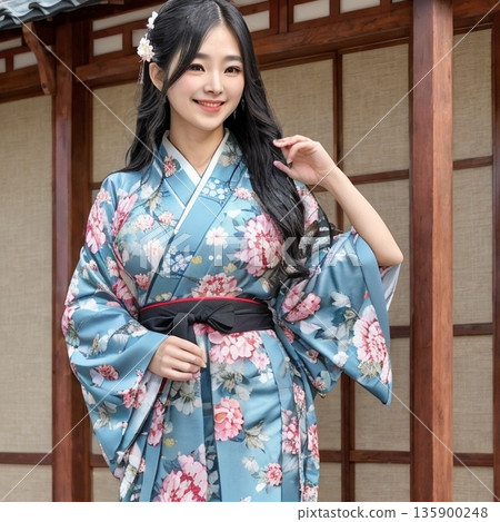 Old house. Kimono, smiling, posing. Old house. Kimono, smiling, posing. 135900248