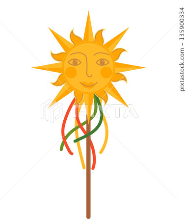 A sun on a pole, decorated with ribbons. Vector clipart. Russian Maslenitsa decoration. A traditional Slavic symbol. A holiday marking the end of winter and the arrival of spring. 135900334