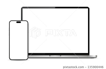 Modern laptop front view and smartphone mockup isolated on white background 135900446