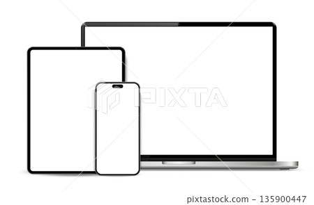 Laptop computer, tablet and mobile phone. Flat lay detailed and realistic devices mockup 135900447