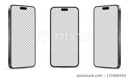 Realistic smartphone mockup from angled view. Mobile phone isolated on white background 135900450
