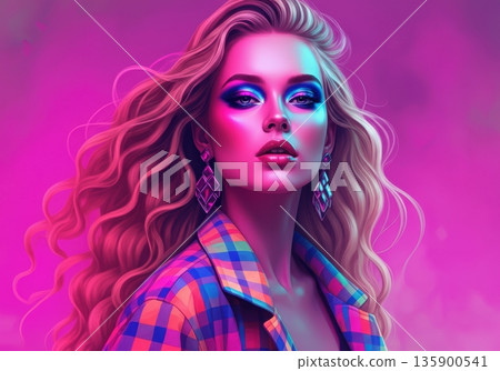Glamorous woman with vibrant makeup and stylish hair against a colorful background Glamorous woman with vibrant makeup and stylish hair against a colorful background 135900541