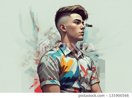 Stylish young man with a modern haircut and colorful shirt 135900566