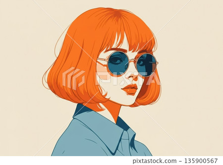 Stylish woman with orange bob haircut and round sunglasses 135900567