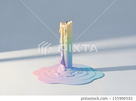 Stylized Pastel Rainbow Melting Candle on a Minimalist White Background with Shadows 135900582
