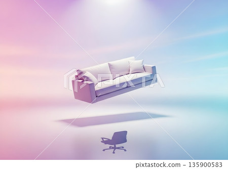 Modern Sofa Floating in Ethereal Gradient Space with Mysterious Office Chair Shadow Below 135900583