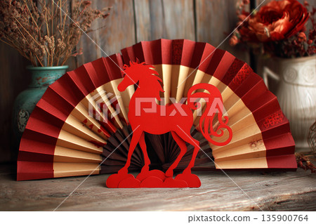 Red Horse Papercut with Fan Rustic Chinese New Year Scene Red Horse Papercut with Fan Rustic Chinese New Year Scene 135900764