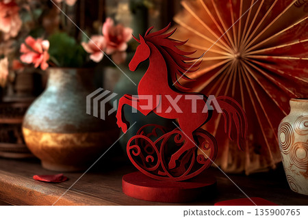 Decorative Red Horse Figurine Oriental Still Life Decorative Red Horse Figurine Oriental Still Life 135900765