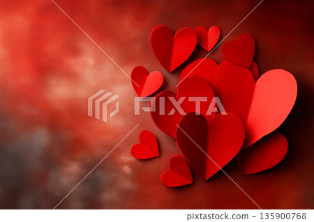 Red Paper Hearts Floating on Romantic Background 135900768