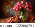 Pink tulips bouquet in rustic still life 135900791