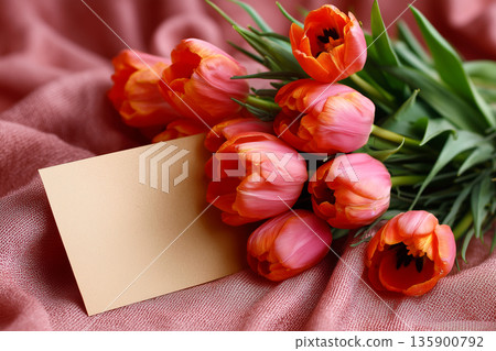 Red tulips bouquet with blank greeting card 135900792