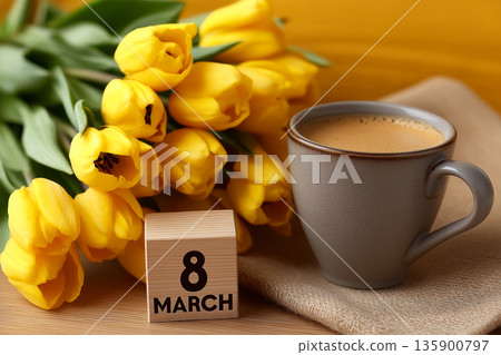 Coffee cup with yellow tulips and march calendar 135900797