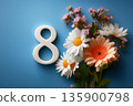 Number eight with spring flowers on blue background 135900798