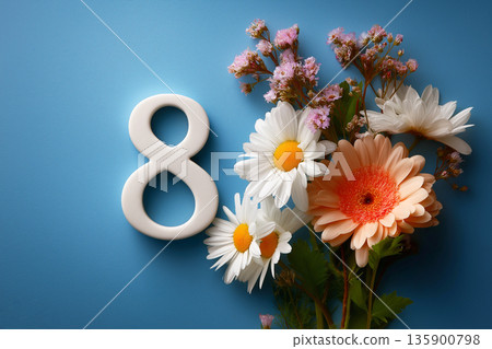 Number eight with spring flowers on blue background 135900798