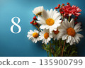 Elegant number eight with daisies on blue background 135900799