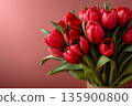 Red tulips bouquet on soft pink background 135900800