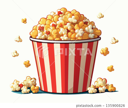 Overflowing popcorn bucket jumping out on white background 135900826