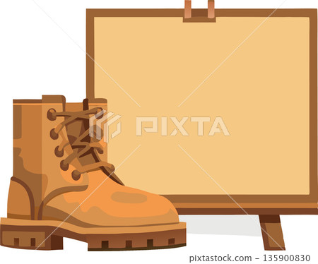 Yellow hiking boot standing next to a blank canvas board 135900830