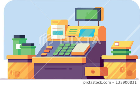 Modern electronic cash register accepting contactless payment in grocery store 135900831