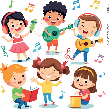 Diverse group of children playing musical instruments and singing 135900832