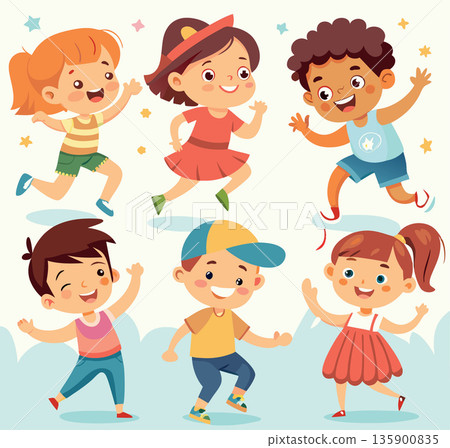 Group of happy and diverse children jumping and dancing 135900835