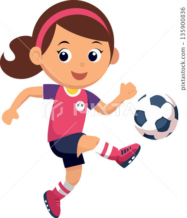 Smiling girl soccer player kicking ball wearing uniform Smiling girl soccer player kicking ball wearing uniform 135900836