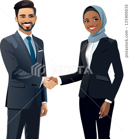 Smiling businessman and businesswoman shaking hands Smiling businessman and businesswoman shaking hands 135900838