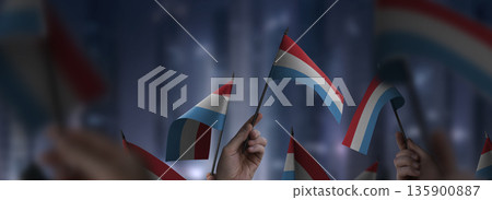 Luxembourg flags in their hands on a blurred urban background 135900887