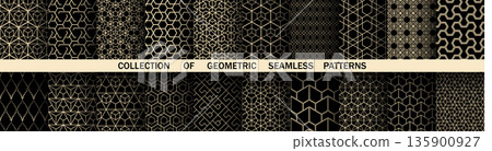 Geometric set of seamless black and golden patterns. Simple vector graphics 135900927