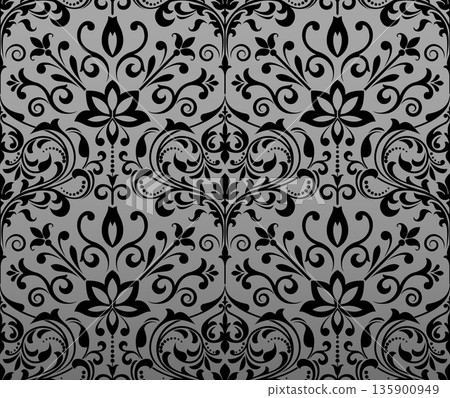 Floral pattern. Seamless vector background. Vintage wallpaper in the Baroque style. Gray and black ornament for fabric, wallpaper, packaging. Ornate Damask flower illustration 135900949