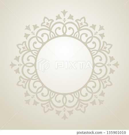 Decorative frame Elegant vector element for design in Eastern style, place for text. Floral beige frame. Lace illustration for invitations and greeting cards. Decorative frame Elegant vector element for design in Eastern style, place for text. Floral beige frame. Lace illustration for invitations and greeting cards. 135901010