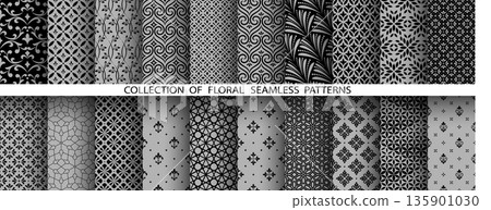 Geometric floral set of seamless patterns. Gray and black vector backgrounds. Damask graphic ornaments 135901030
