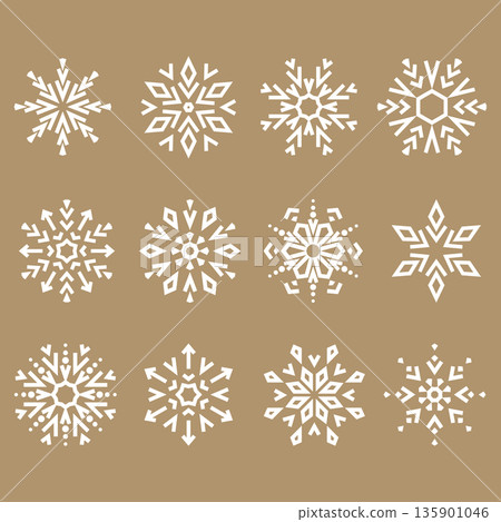 Snowflakes vector icon collection. Graphic modern beige and white ornament Snowflakes vector icon collection. Graphic modern beige and white ornament 135901046