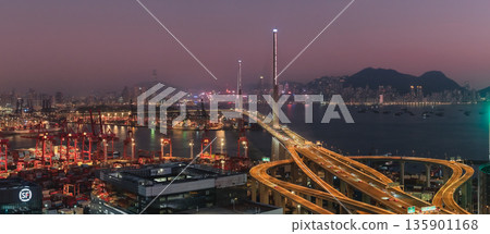 Jan 10 2026 Night Lights Illuminate Stonecutters Bridge Spanning Victoria Harbour Jan 10 2026 Night Lights Illuminate Stonecutters Bridge Spanning Victoria Harbour 135901168