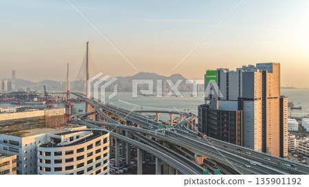 Jan 10 2026 Daylight Highlights Stonecutters Bridge Above Industrial Harbour Jan 10 2026 Daylight Highlights Stonecutters Bridge Above Industrial Harbour 135901192