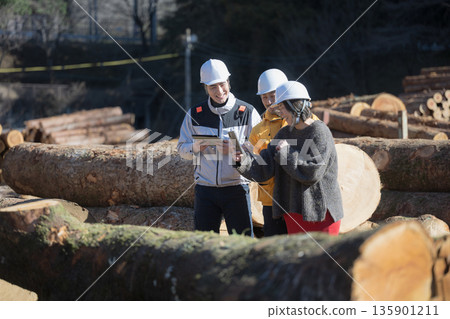 客戶檢查用於建造定制房屋的木材和建築材料，而建造房屋的想法正是從建築材料開始的。 135901211