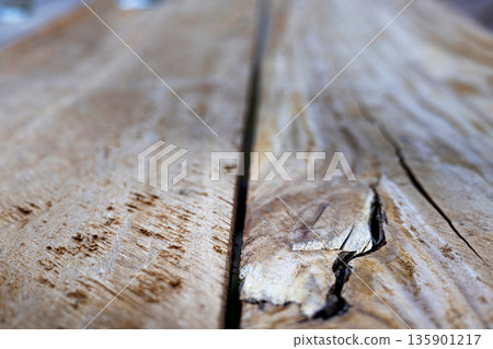 Close Up Of Cracked Wooden Floor, A textured ad photo of close up cracked wooden floor, deep fissures and weathered grain in soft natural light, for rustic restoration or aged beauty documentary. Close Up Of Cracked Wooden Floor, A textured ad photo of close up cracked wooden floor, deep fissures and weathered grain in soft natural light, for rustic restoration or aged beauty documentary. 135901217