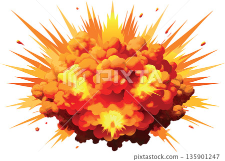 Big powerful explosion with rising flames and smoke cloud- Big powerful explosion with rising flames and smoke cloud- 135901247