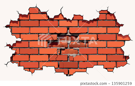 Cracked plaster revealing old red brick wall- 135901259