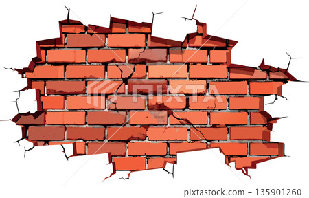 Cracked plaster revealing old red brick wall- 135901260
