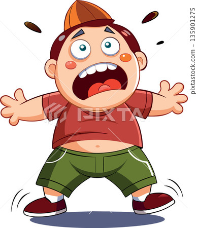 Chubby boy screaming and raising his arms in fear 135901275