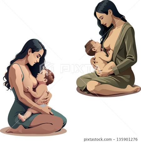 Two mothers breastfeeding their babies with love and care 135901276