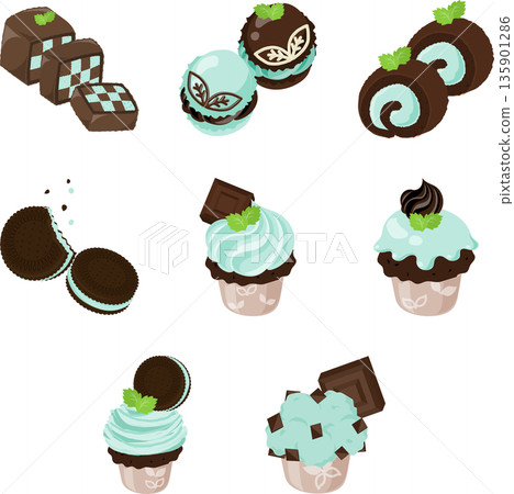 This is an illustration set of chocolate mint sweets that you can enjoy in refreshing mint colors and rich chocolate. This is an illustration set of chocolate mint sweets that you can enjoy in refreshing mint colors and rich chocolate. 135901286