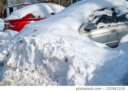 Winter storm closeup of cars almost completely covered buried in snow Winter storm closeup of cars almost completely covered buried in snow 135901310
